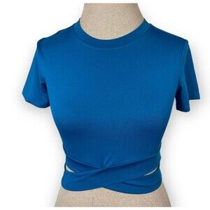 NVGTN Criss Cross Crop Top Crossbody Tee Blue Womens Size XS Gym Workout